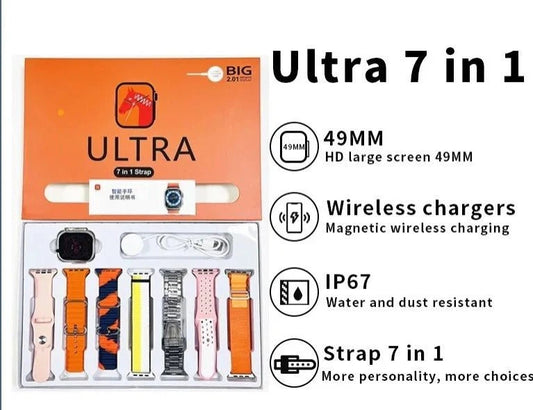 7-in-1 Ultra Smart Watch 49MM – HD, IP67, Wireless Charge, 7 Straps