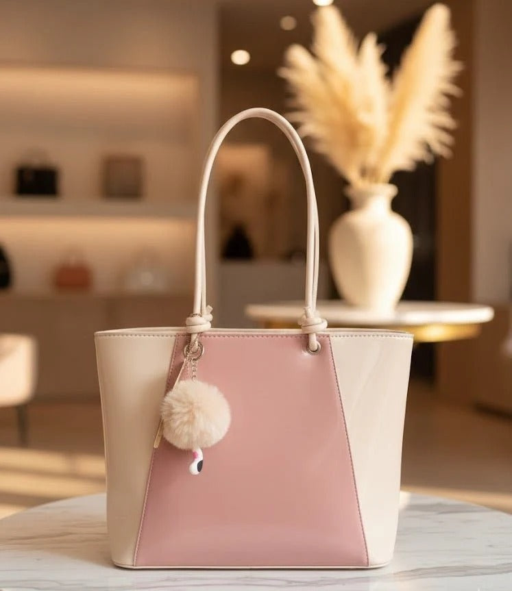 Two-toned handbag with a pom-pom detail on a table in an indoor setting.