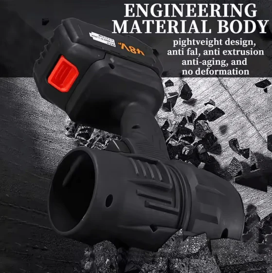 Black and red tool handle with engineering material body text on a textured background