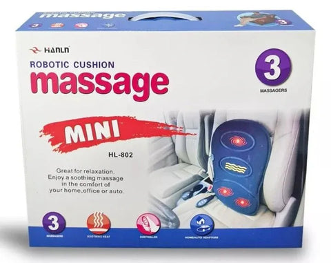 Box of Hanlin Robotic Cushion Massage Mini with text and images on a white background