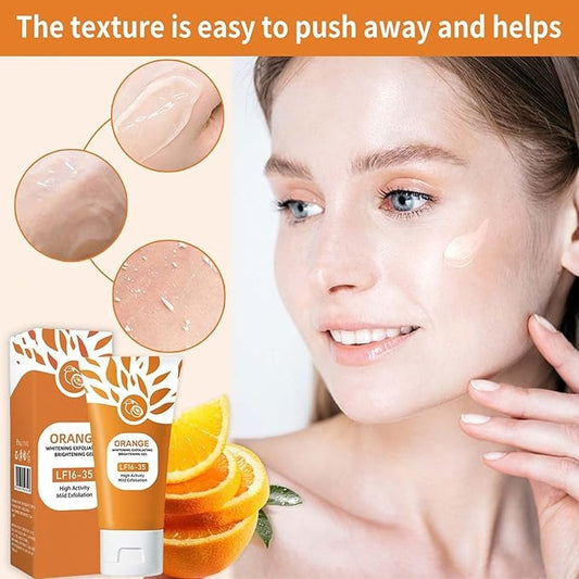 Woman applying skincare product with orange-themed packaging and ingredients.