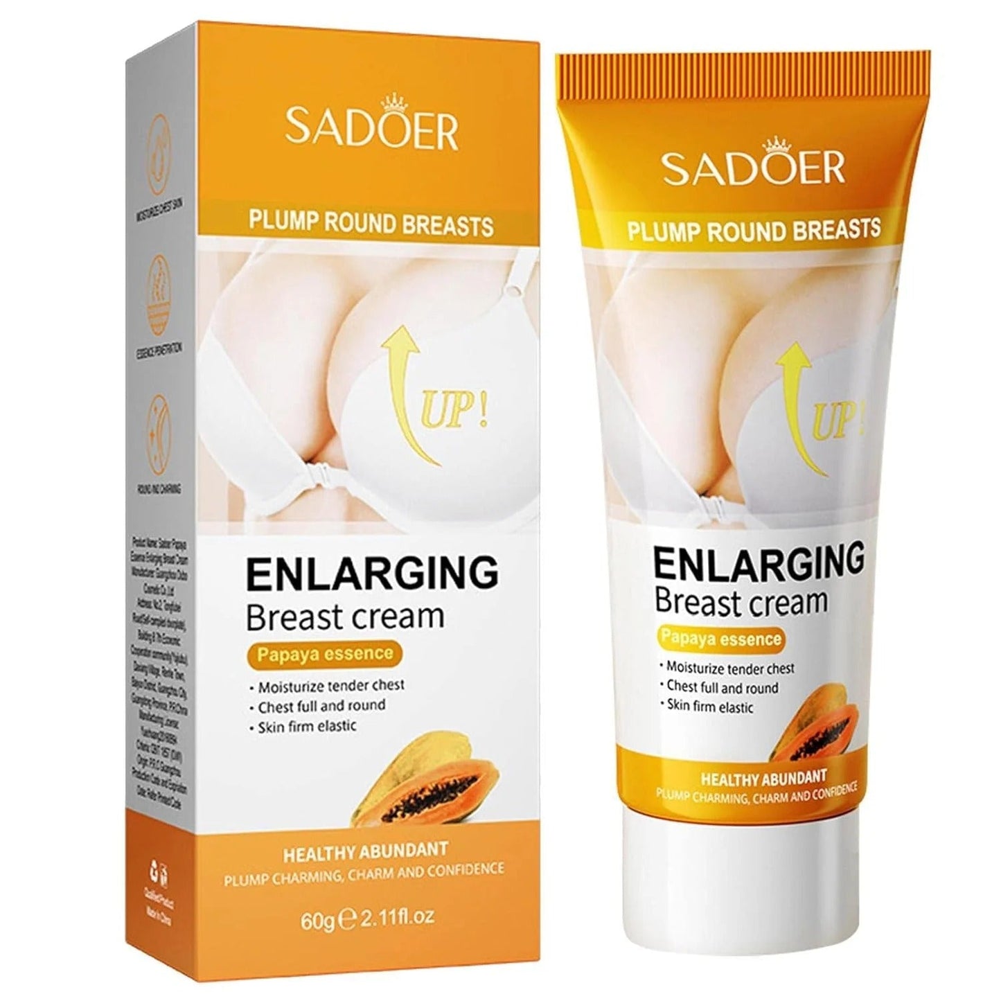 Sadoer enlarging breast cream packaging and tube on a white background