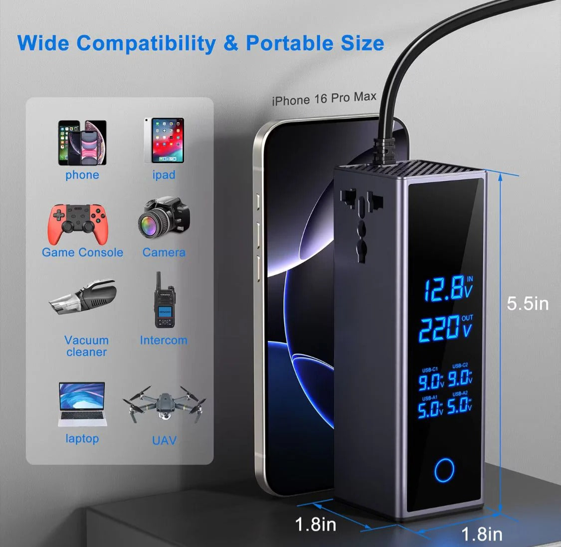 300W Car Power Inverter – Dual PD 36W Type-C & QC3.0 USB Ports with Smart LED Display & AC Outlet | UAE