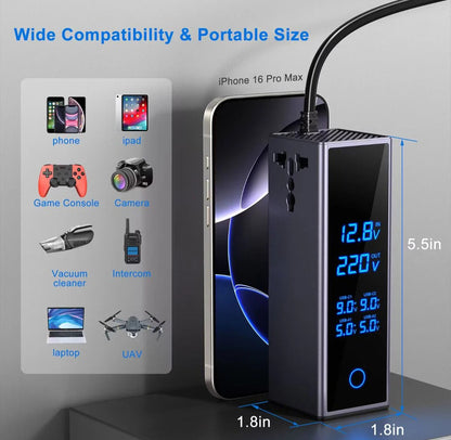 300W Car Power Inverter – Dual PD 36W Type-C & QC3.0 USB Ports with Smart LED Display & AC Outlet | UAE
