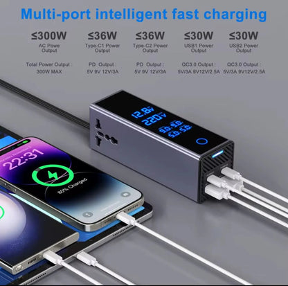 300W Car Power Inverter – Dual PD 36W Type-C & QC3.0 USB Ports with Smart LED Display & AC Outlet | UAE