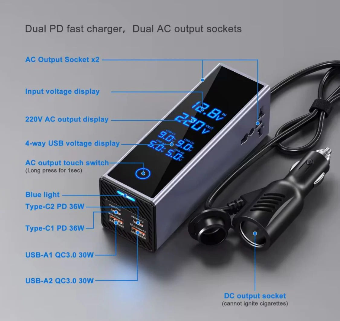 300W Car Power Inverter – Dual PD 36W Type-C & QC3.0 USB Ports with Smart LED Display & AC Outlet | UAE