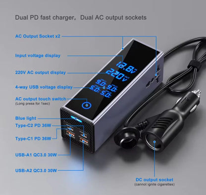 300W Car Power Inverter – Dual PD 36W Type-C & QC3.0 USB Ports with Smart LED Display & AC Outlet | UAE