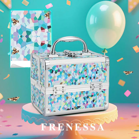 Colorful makeup case with confetti and balloons on a vibrant background, featuring the brand 'Frenessa'.