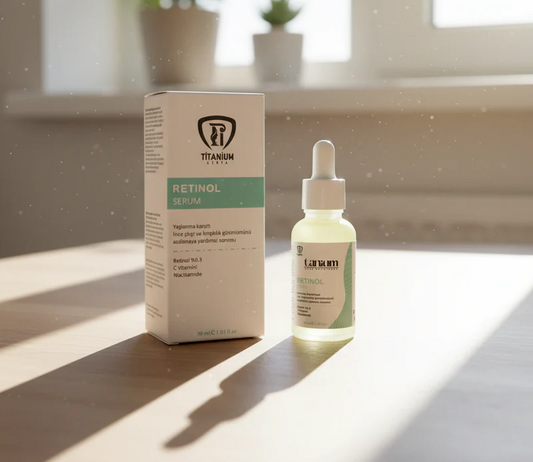 Titanium Lab Retinol Serum bottle and packaging on a wooden surface with a blurred indoor background.