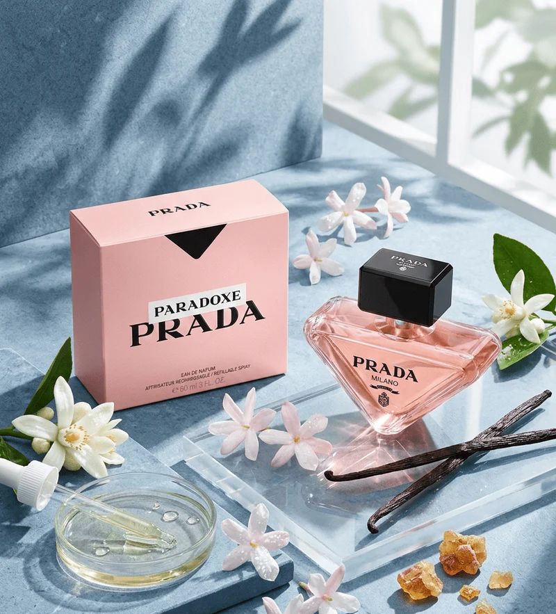 Prada Paradone perfume bottle and packaging on a light blue surface with flowers and vanilla beans.