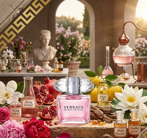 Versace perfume bottle surrounded by flowers, fruits, and other decorative items in an outdoor setting.