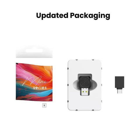 Updated packaging of electronic device with colorful box and white device on a white background