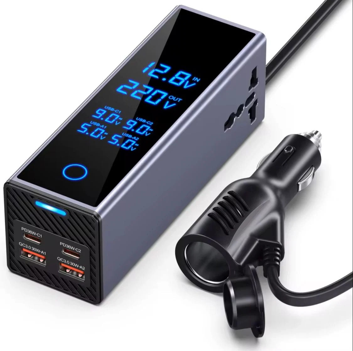 300W Car Power Inverter – Dual PD 36W Type-C & QC3.0 USB Ports with Smart LED Display & AC Outlet | UAE