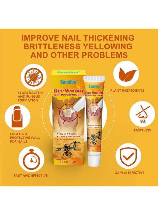 Sunway Bee Venom nail repair cream with product packaging and benefits on a yellow background