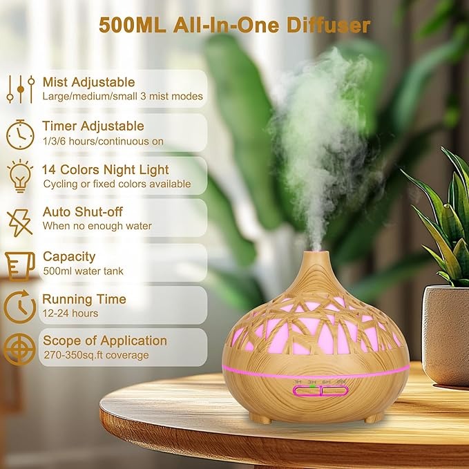 Wooden Lattice Design Ultrasonic Aroma Diffuser – 300ML
