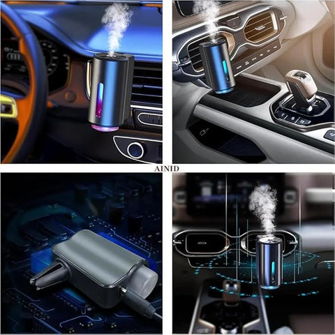 Car air freshener with blue light emitting device in various car interior settings.