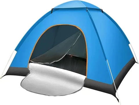 Blue camping tent with a black interior on a white background