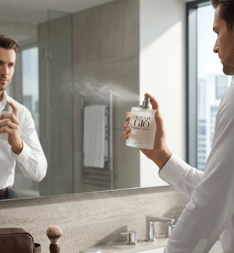 Man applying perfume in front of a mirror in a bathroom