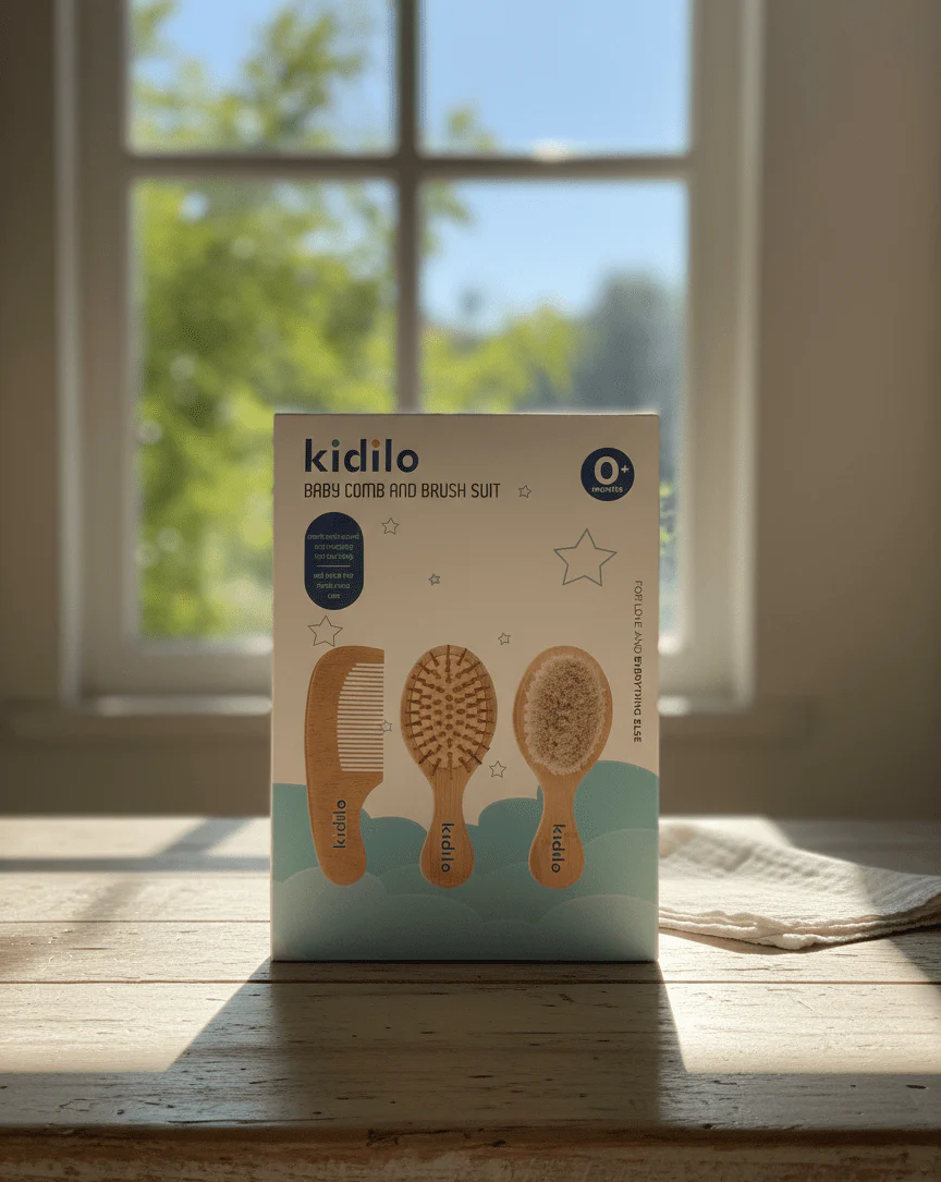 Kidilo Baby Comb & Brush Set – 3-Piece Wooden Soft Bristle Grooming Kit