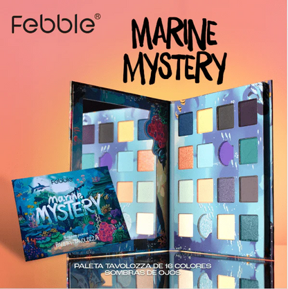 Febble Marine Mystery eyeshadow palette on a gradient background