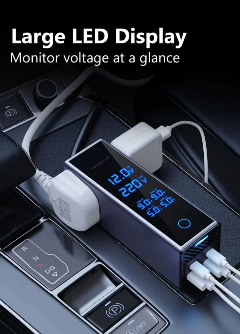 300W Car Power Inverter – Dual PD 36W Type-C & QC3.0 USB Ports with Smart LED Display & AC Outlet | UAE