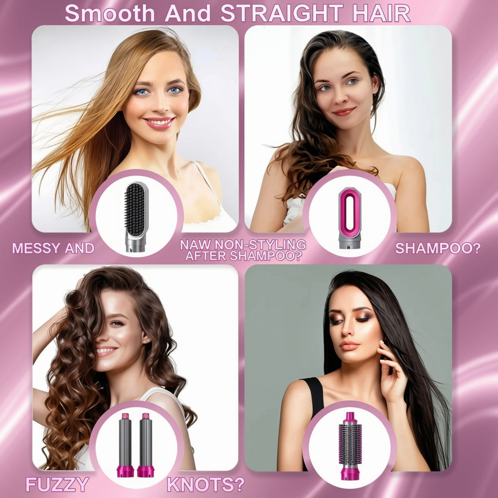 Promotional graphic for a hair styling tool showing four panels with women with straightened hair, close-up shots of the pink and silver hair straightener, and text reading 'Smooth And STRAIGHT HAIR,' 'MESSY AND,' 'NAW NON-STYLING AFTER SHAMPOO?', 'SHAMPOO?', 'FUZZY KNOTS?'.