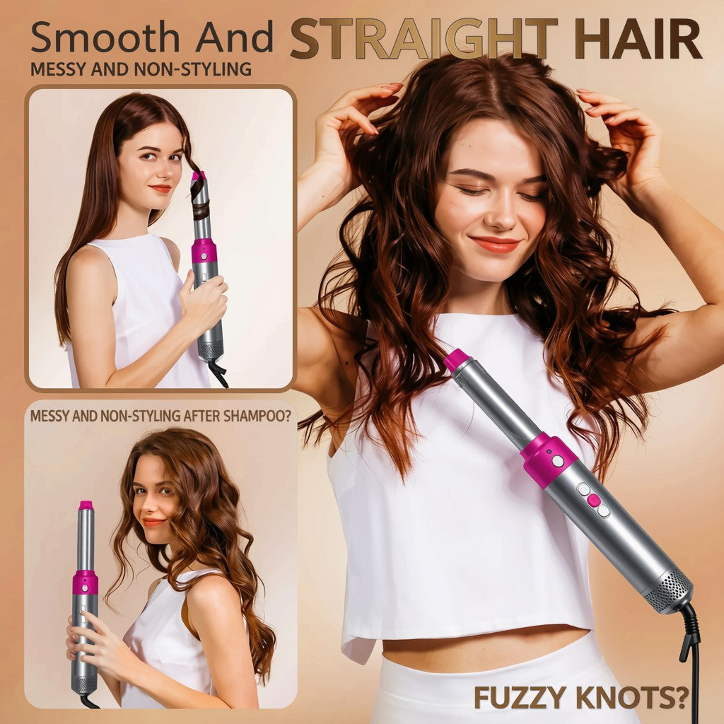 A silver and pink curling iron shown on a model with styled wavy hair, alongside inset photos of the same model demonstrating messy and non-styled hair before and after using the curling iron. Text reads 'Smooth And STRAIGHT HAIR' and 'FUZZY KNOTS?'.