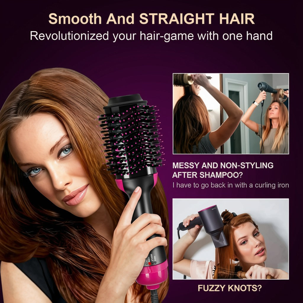 A promotional graphic for a handheld hair styling brush. A large woman with long brown hair holds the brush in front of her face.