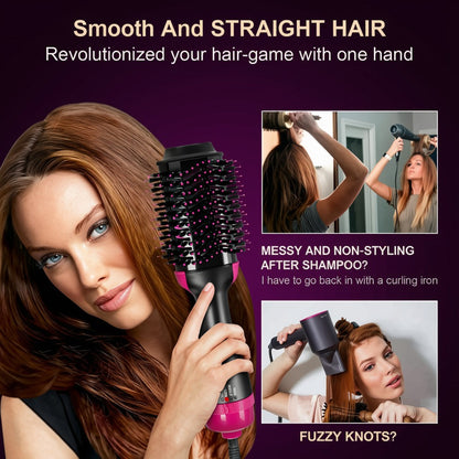 A promotional graphic for a handheld hair styling brush. A large woman with long brown hair holds the brush in front of her face.