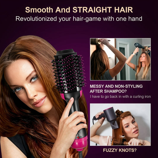 A promotional graphic for a handheld hair styling brush. A large woman with long brown hair holds the brush in front of her face.